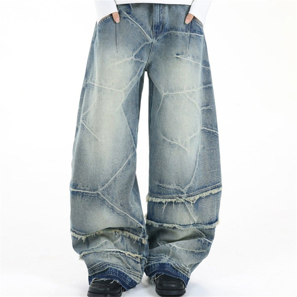 Loose Fit Baggy Jeans Men – Distressed Patchwork Wide-Leg Denim with Raw-Edge