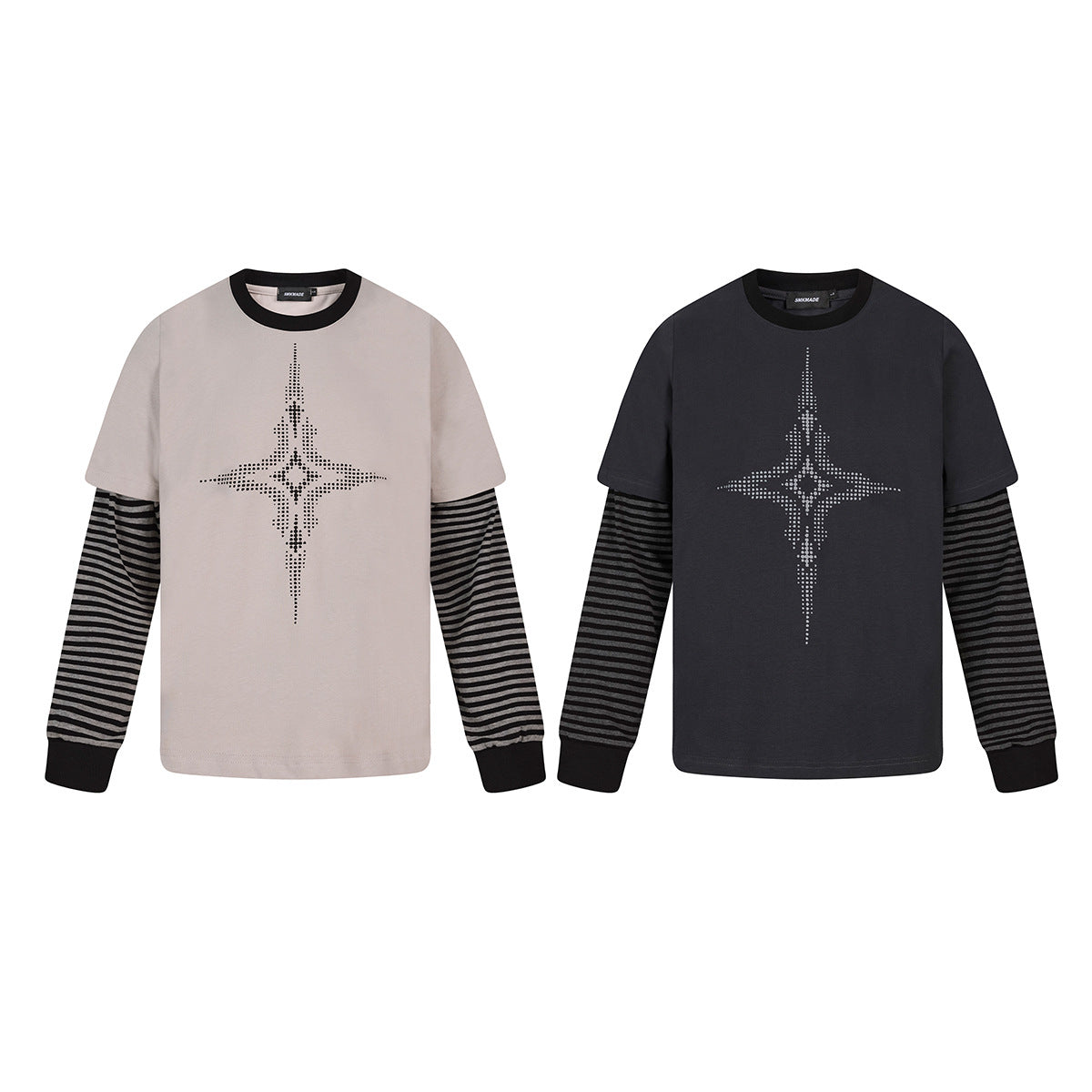 Faux Two-Piece Long Sleeve T-Shirt with Star Graphic & Striped Sleeves