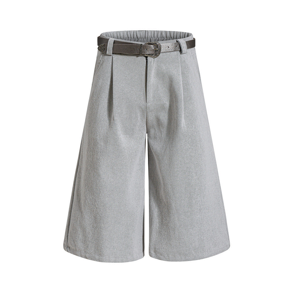 Wide-Leg Pleated Cropped Shorts with Belt – Men's Relaxed Fit