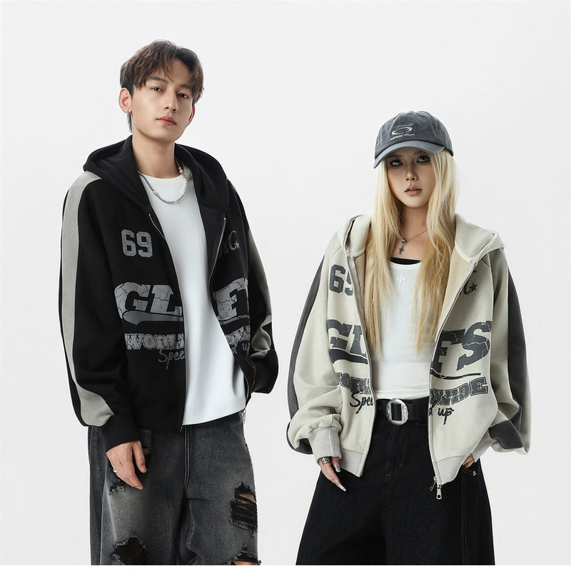 GLFS Colorblock Oversized Zip Up Hoodie – Distressed Letter Print, Dual Zipper