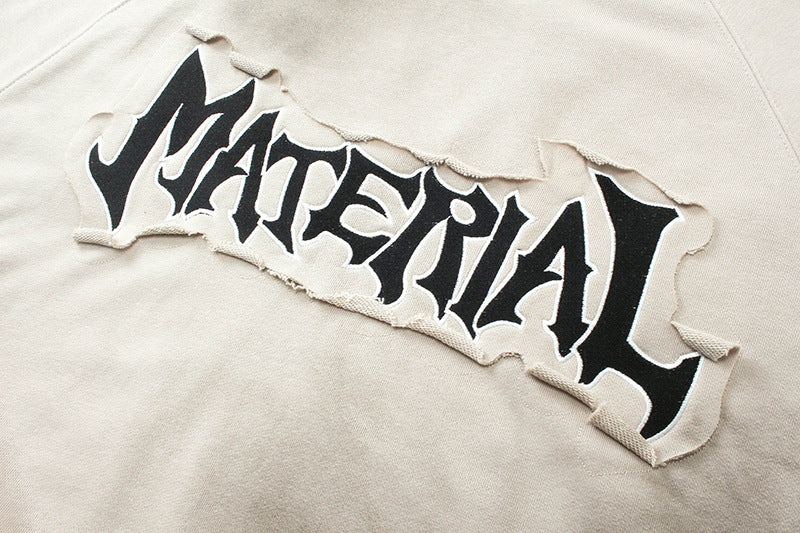Men's Crew Neck Sweater Washed Distressed 'Material' Graphic Patch Sweatshirt