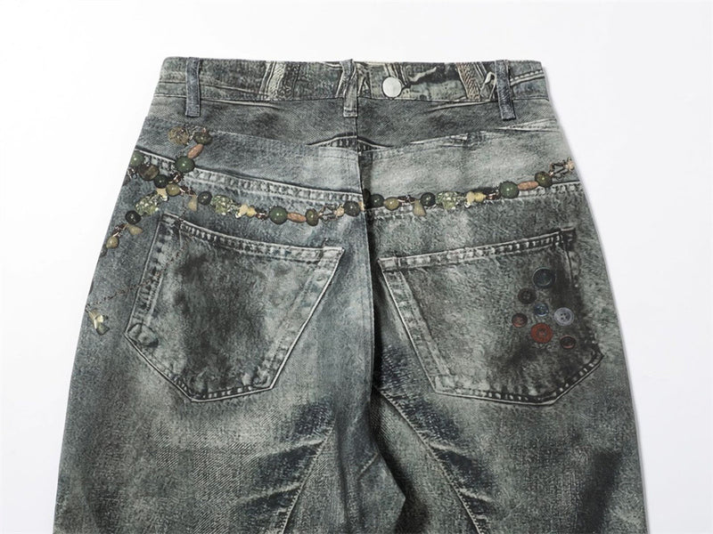 Wide-Leg Jeans with Chain & Bead Embellishments – Vintage Dirty-Wash Punk Denim