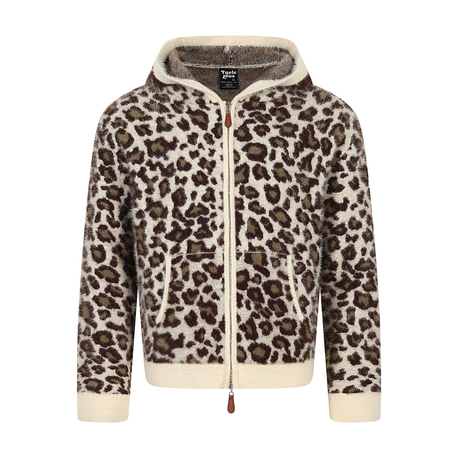 Leopardenprint-Kapuzenpullover mit Reißverschluss und Fleecefutter, gerippten Bündchen und Saum in Creme sowie durchgehendem Reißverschluss mit Lederlasche am Zipper