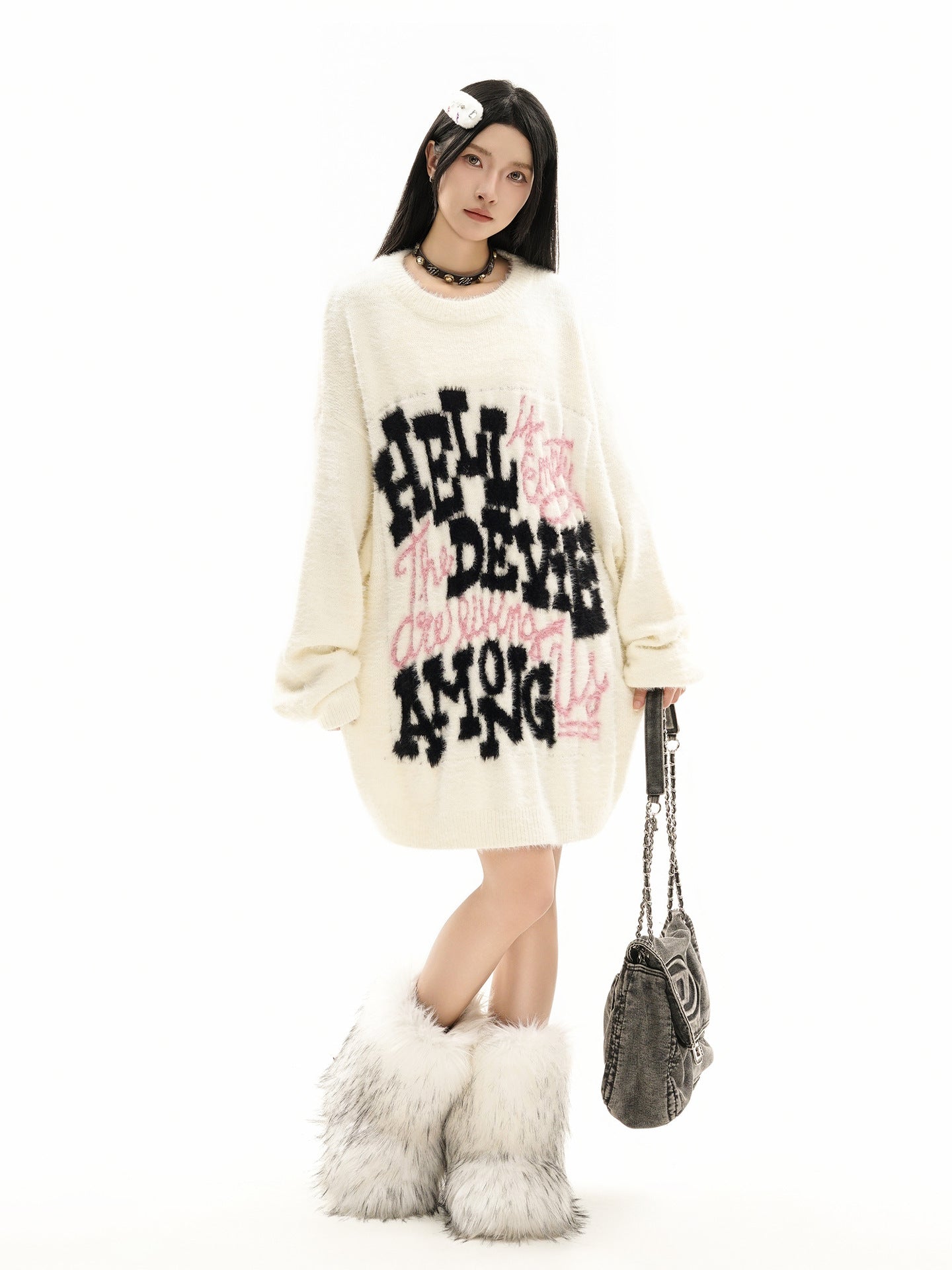 Pull oversize en maille jacquard à lettrage – Hell Is Empty, motif graffiti
