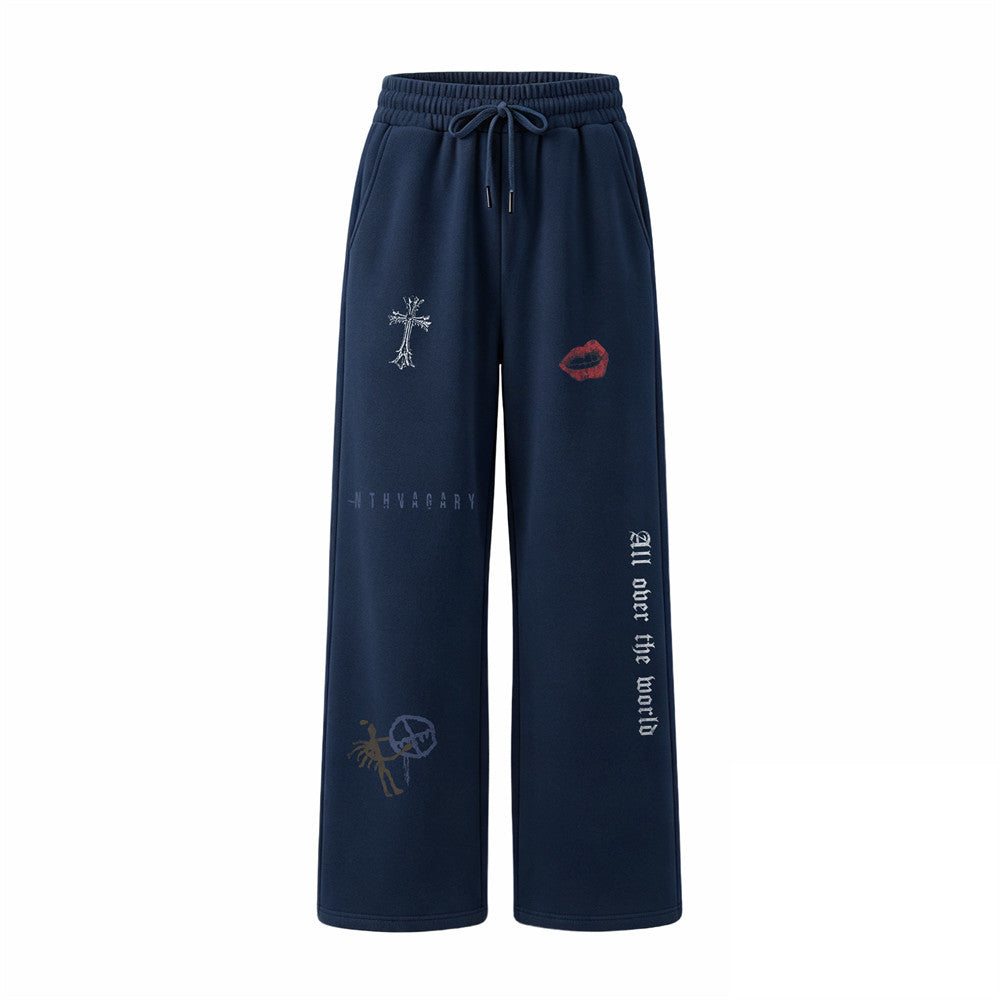 Gothic Graphic Wide-Leg Sweatpants – Cross & Letter Print Loose Straight-Leg