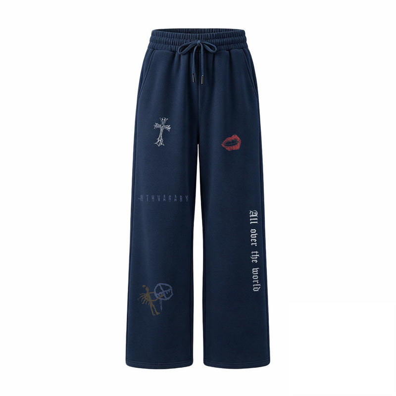 Gothic Graphic Wide-Leg Sweatpants – Cross & Letter Print Loose Straight-Leg
