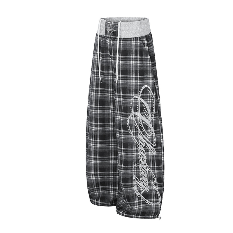 Plaid Wide-Leg Sweatpants with Drawstring Waist & Script Graphic
