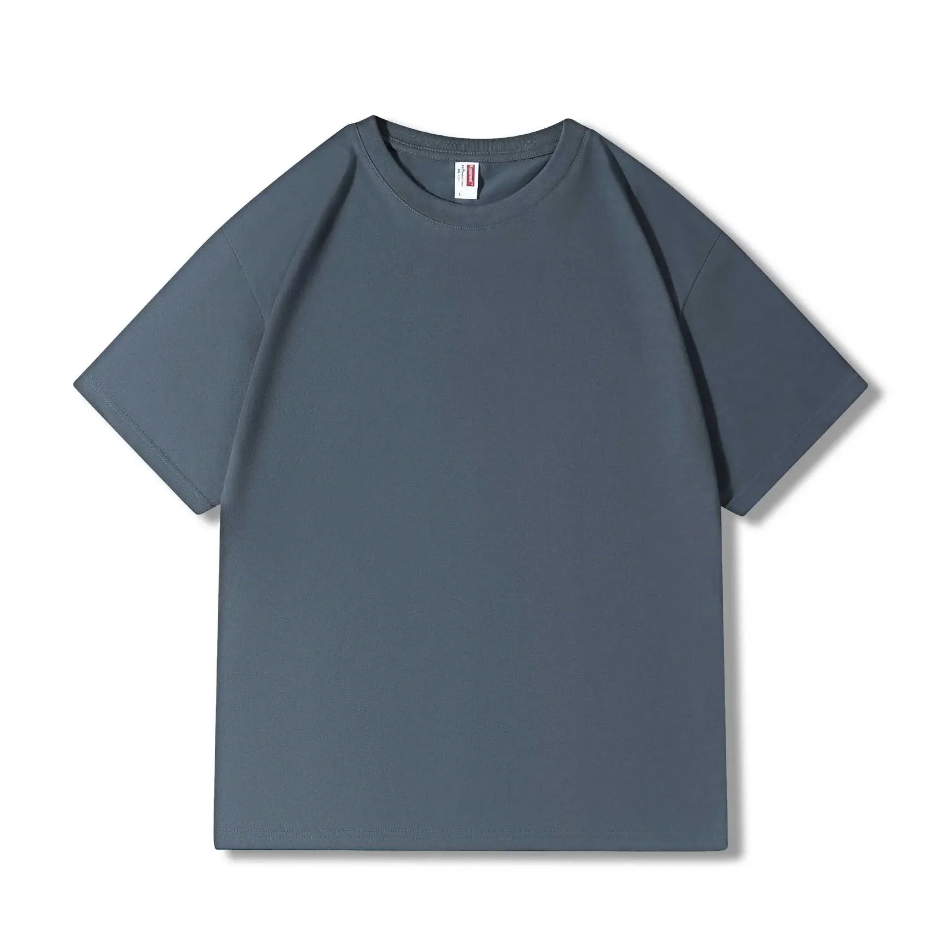 A Custom Anime Character Steel Blue T-Shirt (230GSM, 100% cotton) is laid flat on a white background, featuring a plain short-sleeve and crew-neck design ready for personalization.