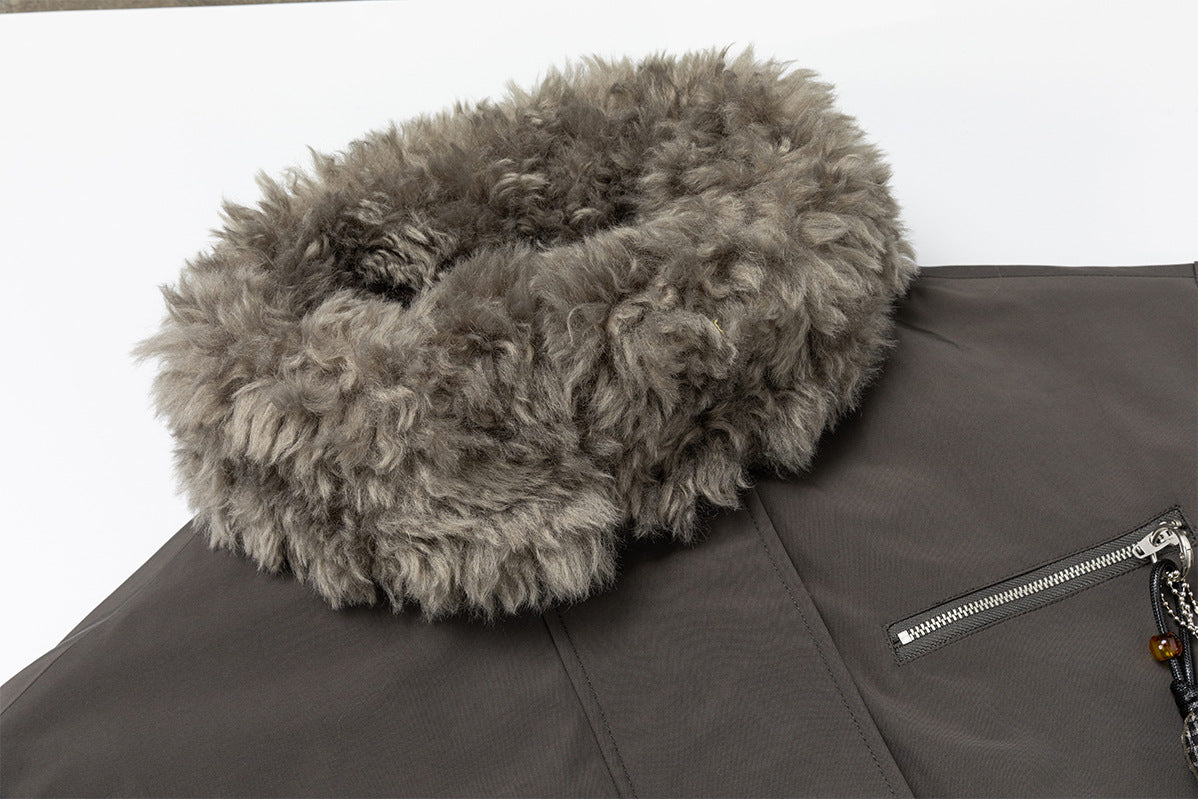 Fur Collar Cotton-Padded Bomber Jacket with Horn Toggle Buttons – Dark Grey