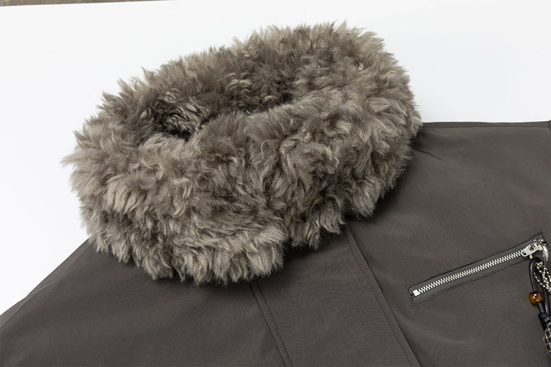 Fur Collar Cotton-Padded Bomber Jacket with Horn Toggle Buttons – Dark Grey