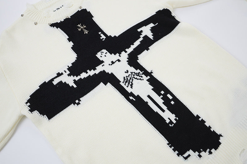 Oversize-Kreuz-Strickpullover – Distressed-Rundhals mit Jacquard-Kreuz