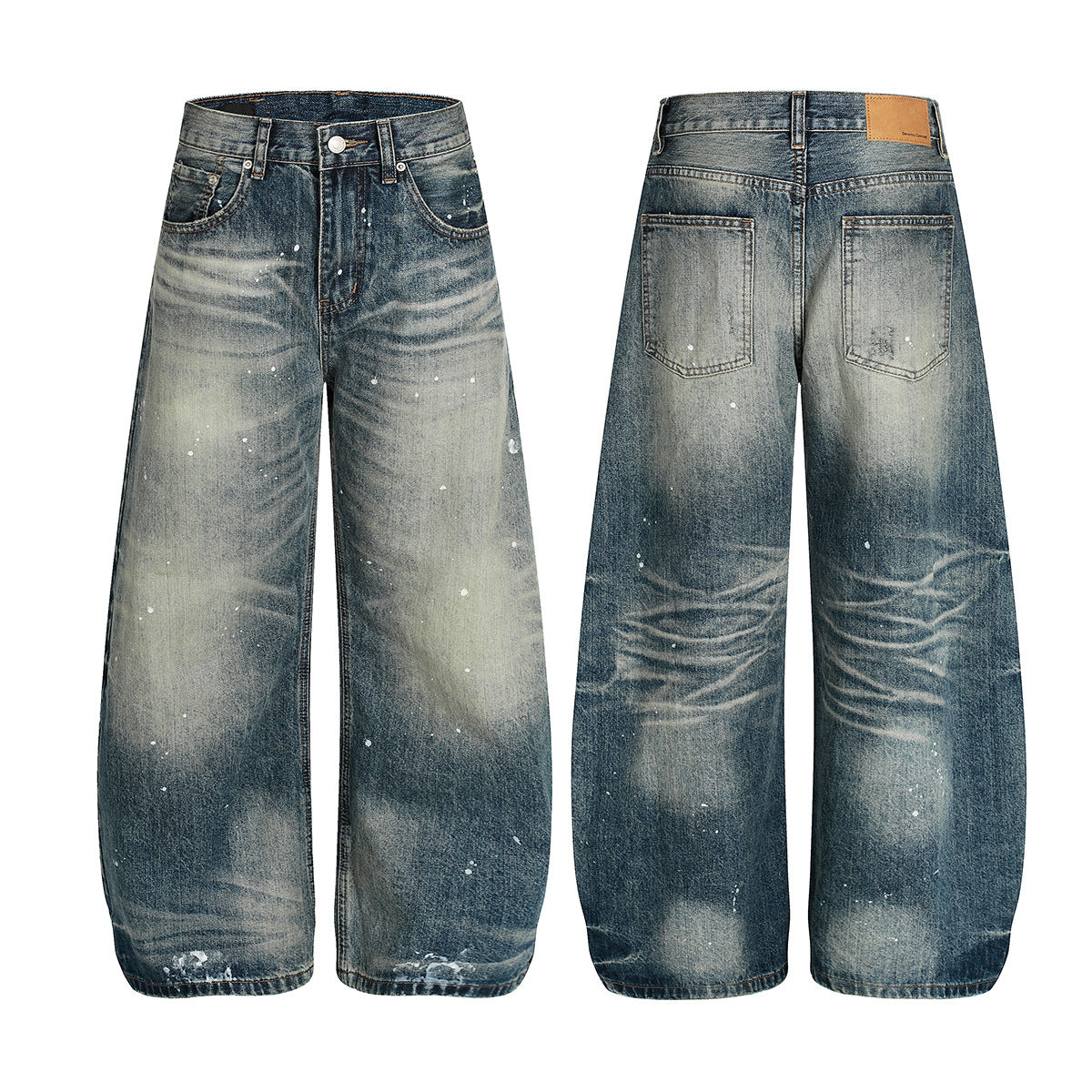 Vaqueros baggy con diseño — Denim vintage lavado de pierna ancha con salpicaduras de pintura