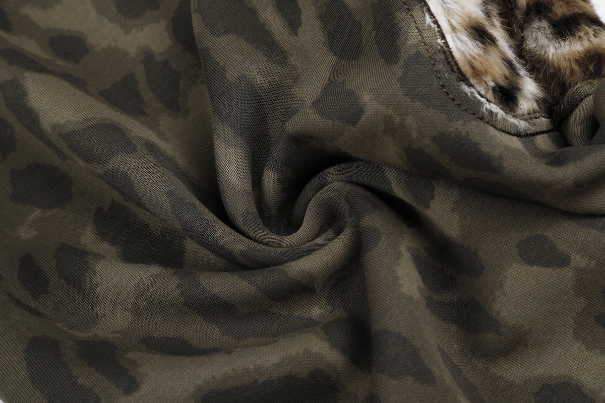 Leopard Print Wide-Leg Sweatpants with Faux Fur Cargo Pocket