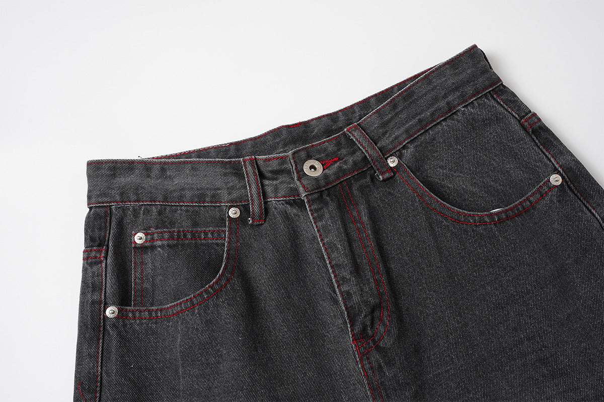 Wide-Leg Jeans Washed Black Gothic Wing Print with Red Contrast Stitching