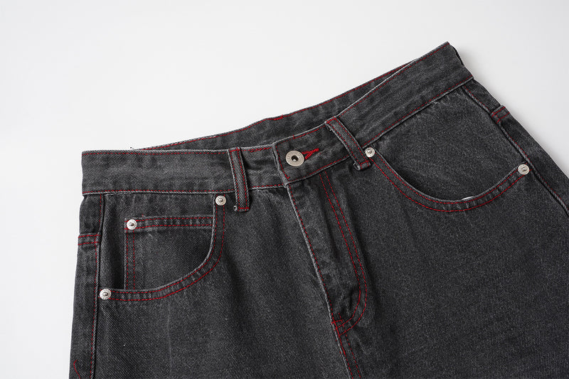 Wide-Leg Jeans Washed Black Gothic Wing Print with Red Contrast Stitching