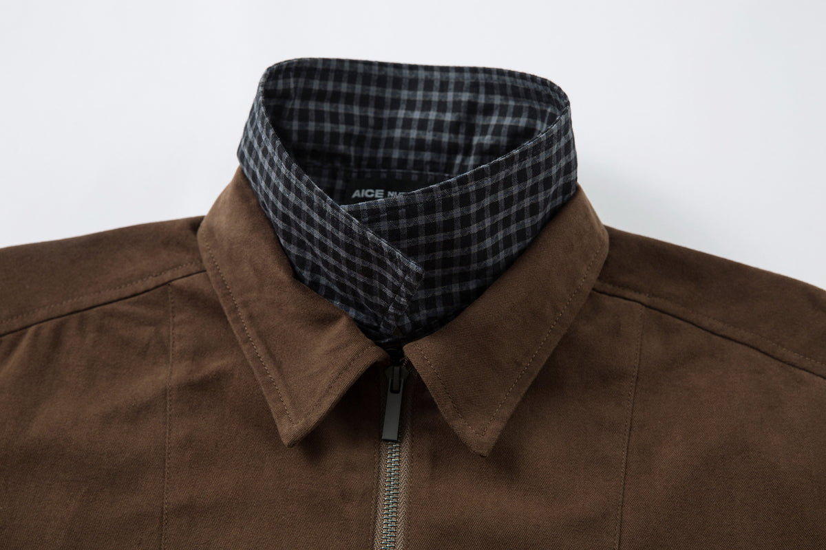 Men's Plaid-Lined Zip-Up Harrington Jacket – Layered Collar Workwear Coat