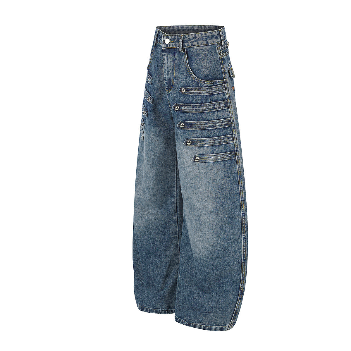 Wide-Leg Baggy Jeans – Light Blue Washed Denim with Metal Stud & Pintuck Detail