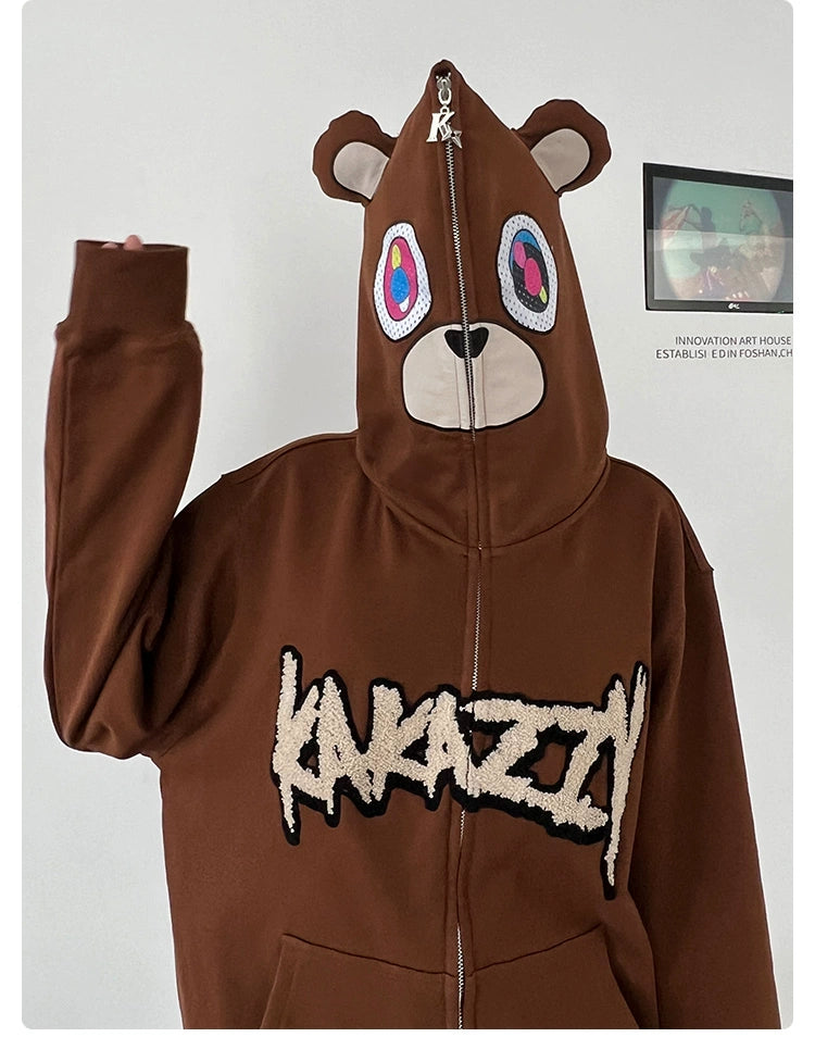 Cute Bear Hoodie - 400GSM Oversized Brown Zip-Up Streetwear Sweatshirt with Ears