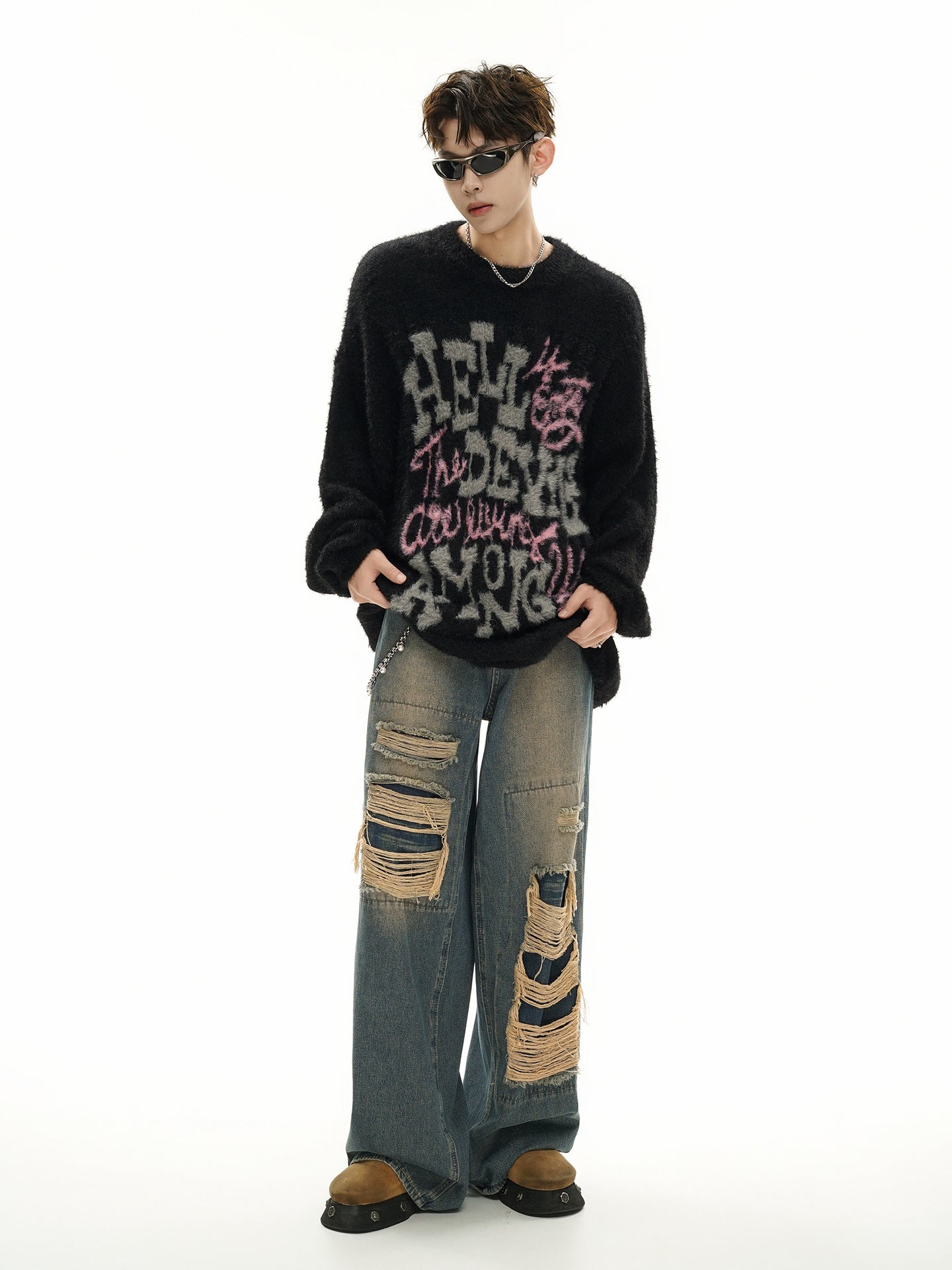 Pull oversize en maille jacquard à lettrage – Hell Is Empty, motif graffiti