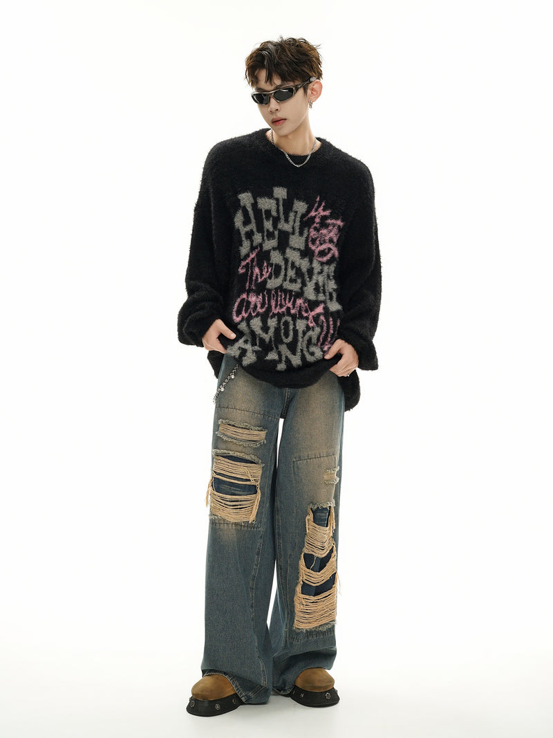 Pull oversize en maille jacquard à lettrage – Hell Is Empty, motif graffiti