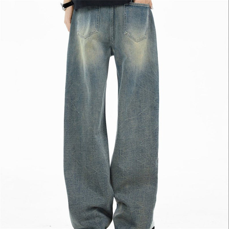Wide-Leg Jeans Men – Vintage Wash Rhinestone Straight-Fit Denim