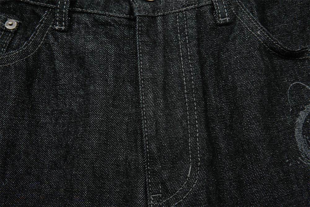 Men's Wide-Leg Black Jeans – Dragon Embroidery Straight Leg Denim