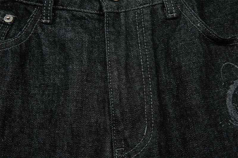 Men's Wide-Leg Black Jeans – Dragon Embroidery Straight Leg Denim