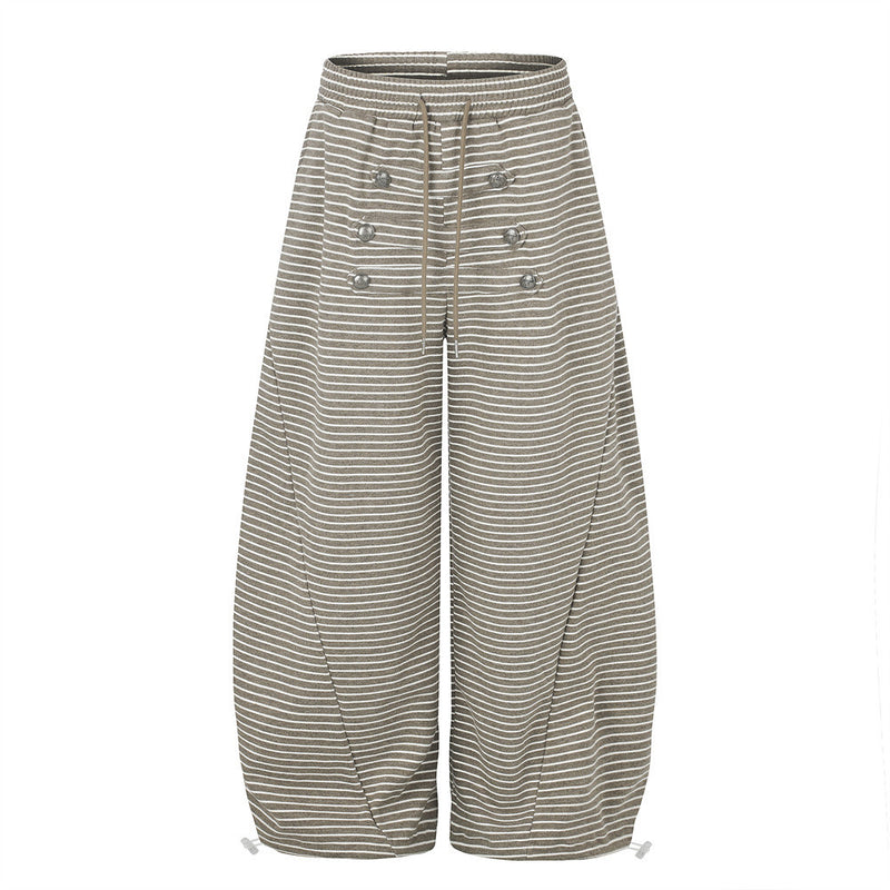Pantalón de Pierna Ancha a Rayas para Hombre con Cintura de Cordón y Botones Cruzados