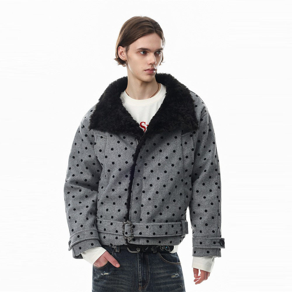 Polka Dot Wool-Blend Jacket Men – Fur Collar, Padded, Stand Collar with Belt