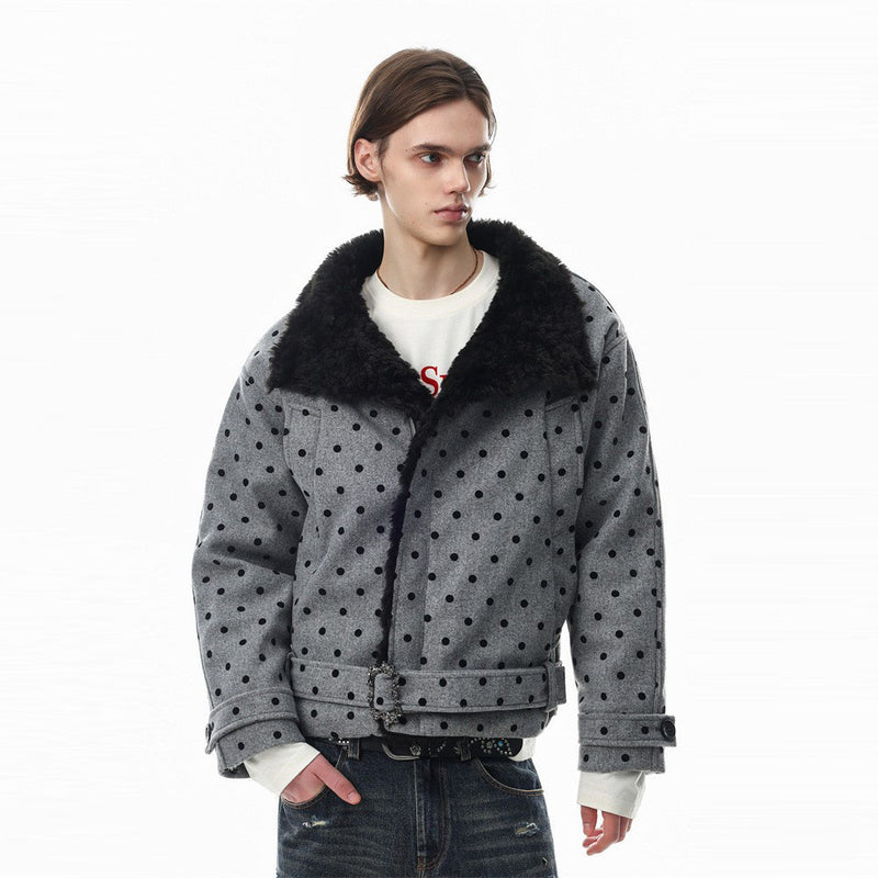 Polka Dot Wool-Blend Jacket Men – Fur Collar, Padded, Stand Collar with Belt