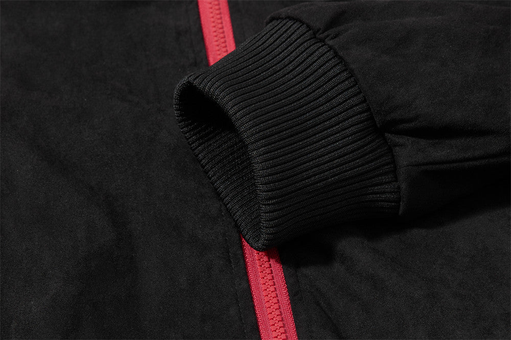 Suede Bomber Jacket Men's Black Embroidered Stand-Collar Track Jacket