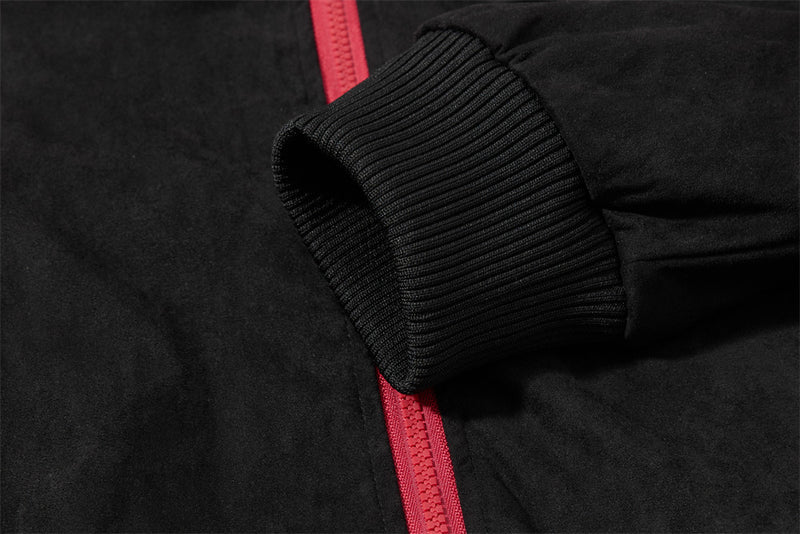 Suede Bomber Jacket Men's Black Embroidered Stand-Collar Track Jacket