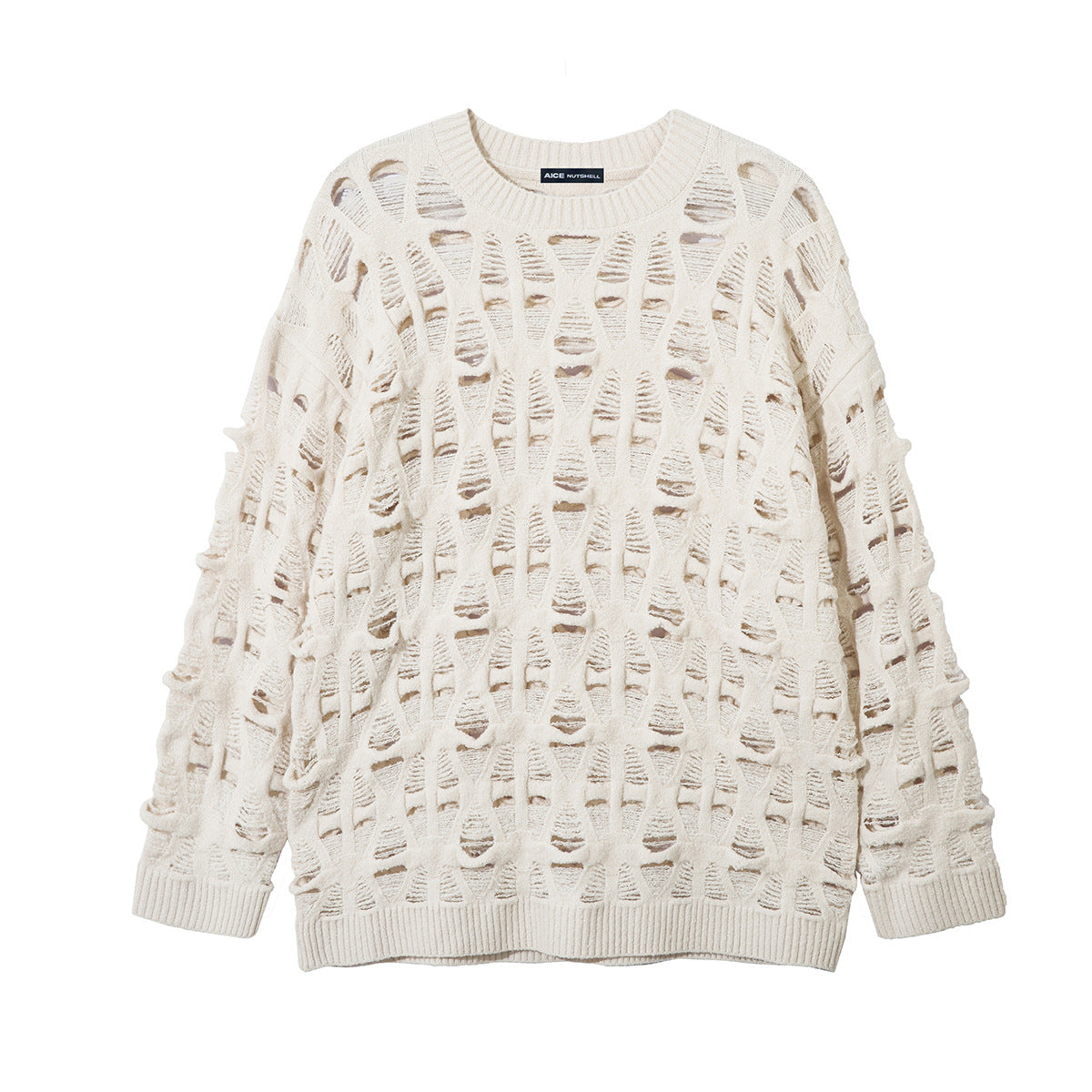 Oversized distressed open-weave crew neck knit sweater with ladder-hole pattern in off-white, shown flat lay front view