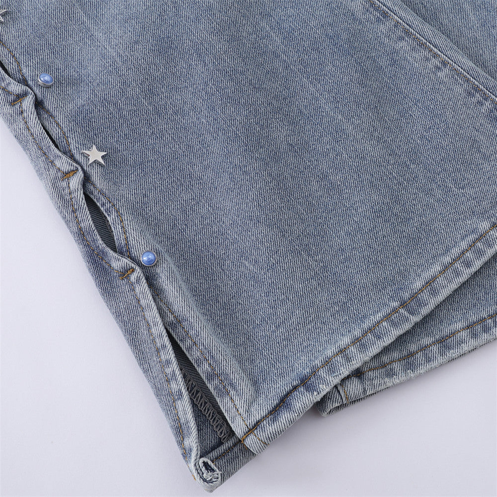 Jean homme flare wide leg – Délavage clair, fente latérale et étoiles