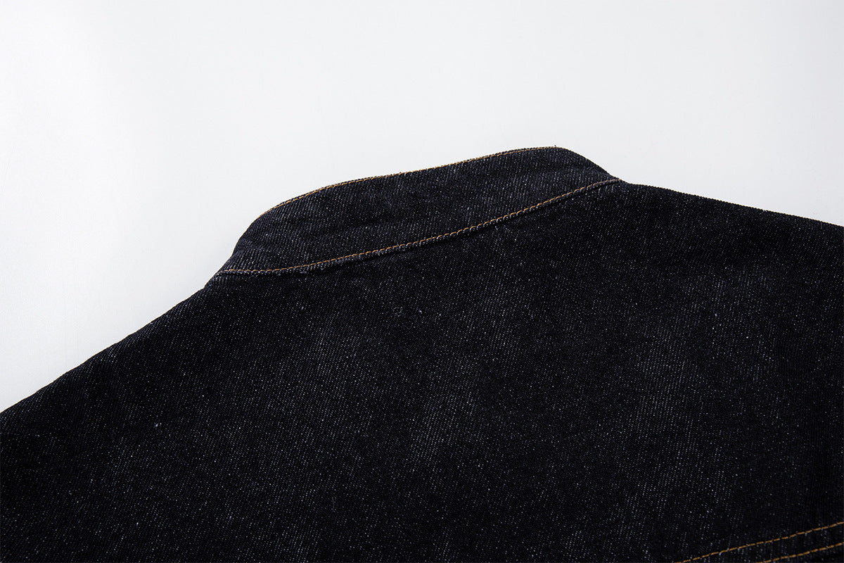 Military-Style Denim Jacket with Napoleon Stand Collar and Gold Star Buttons