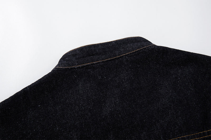 Military-Style Denim Jacket with Napoleon Stand Collar and Gold Star Buttons