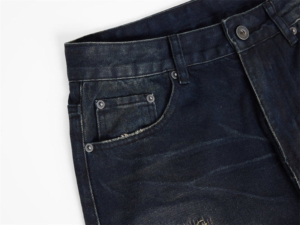 Men's Dark Wash Ripped Wide-Leg Jeans – Distressed Streetwear Denim