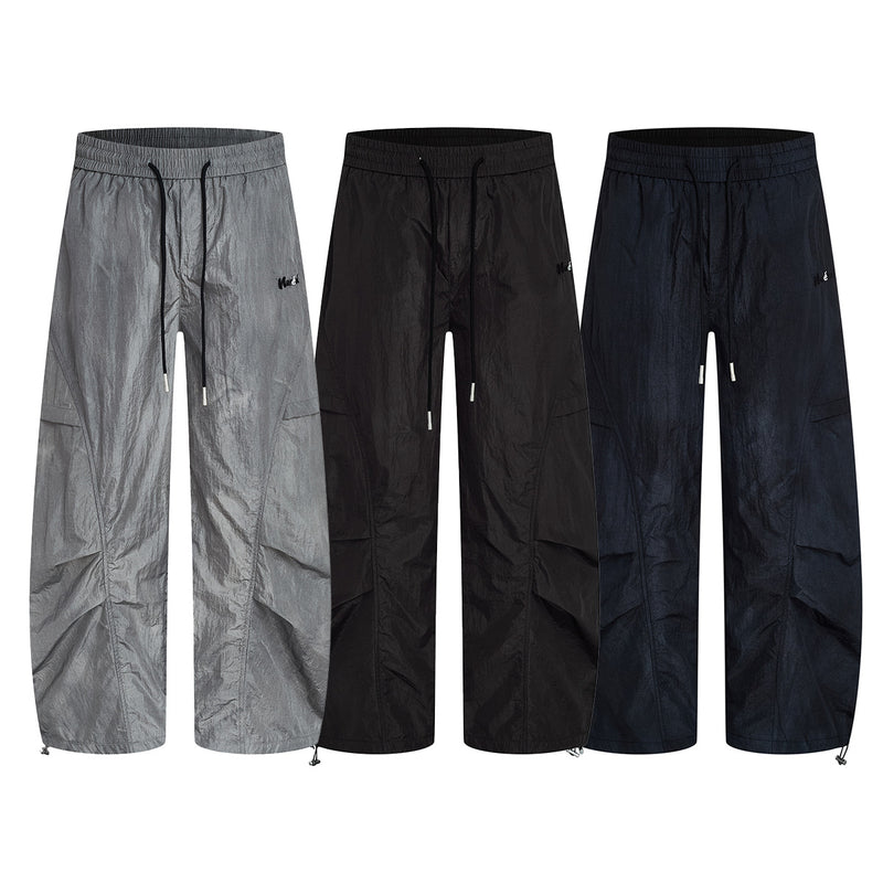 Wide-Leg Parachute Cargo Pants – Oversized Crinkle Nylon Drawstring Trousers