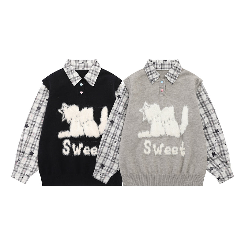 Sweet Cat Fuzzy Knit Sweater with Plaid Shirt Layered Pullover