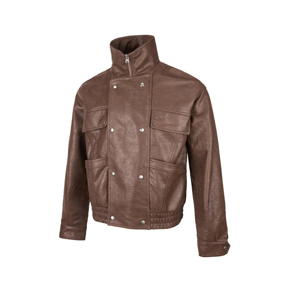 Men's Brown Leather Jacket PU Moto-Style High Collar Snap Button Bomber