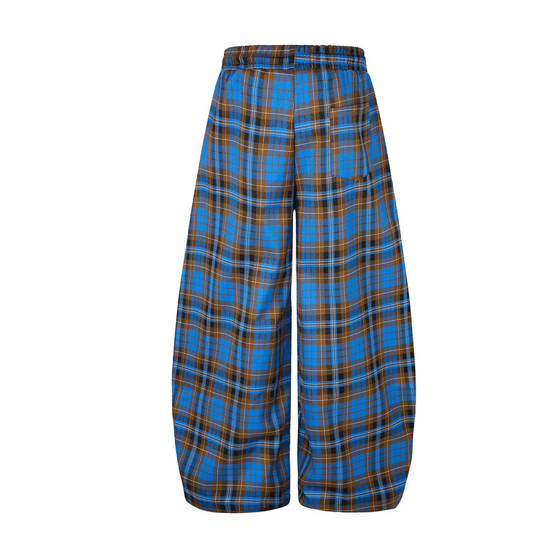 Wide-Leg Plaid Pants – Blue Tartan Baggy Fit with Crest Graphic & Drawstring Hem