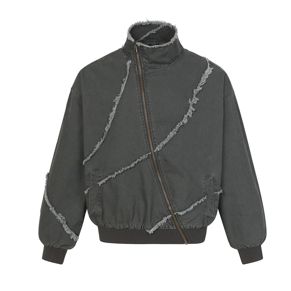 Chaqueta bomber extragrande deconstruida, con costuras diagonales deshilachadas en gris carbón lavado, vista frontal