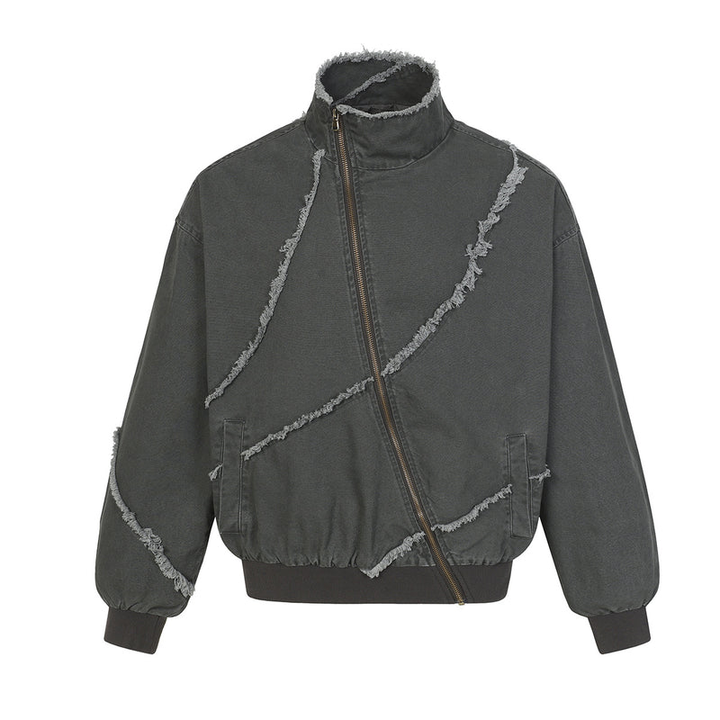 Chaqueta bomber extragrande deconstruida, con costuras diagonales deshilachadas en gris carbón lavado, vista frontal