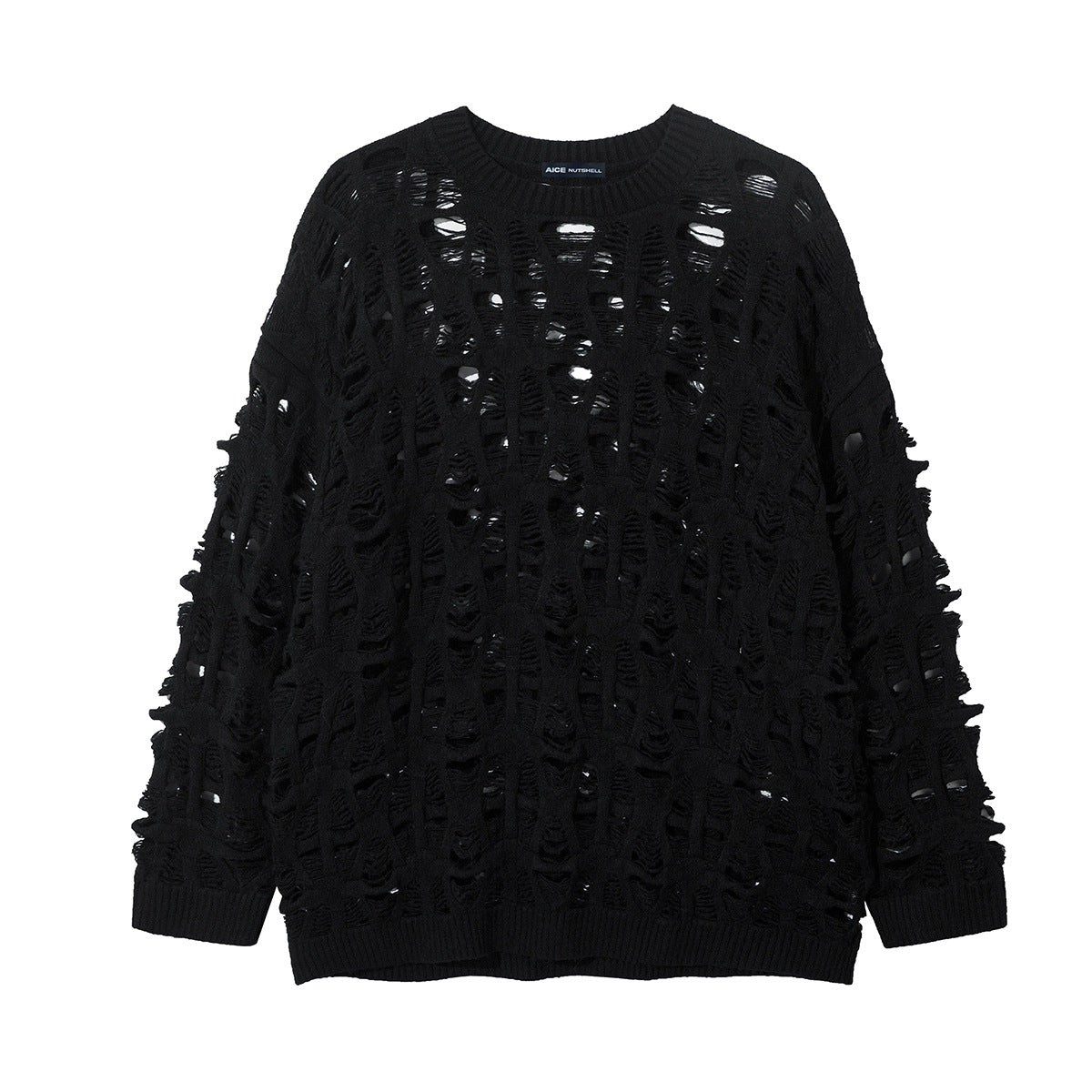 Distressed Open-Weave Crew Neck Knit Sweater – Oversized Ladder-Hole Design