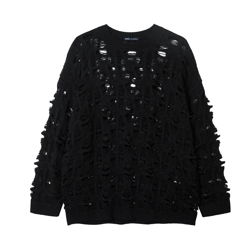 Distressed Open-Weave Crew Neck Knit Sweater – Oversized Ladder-Hole Design