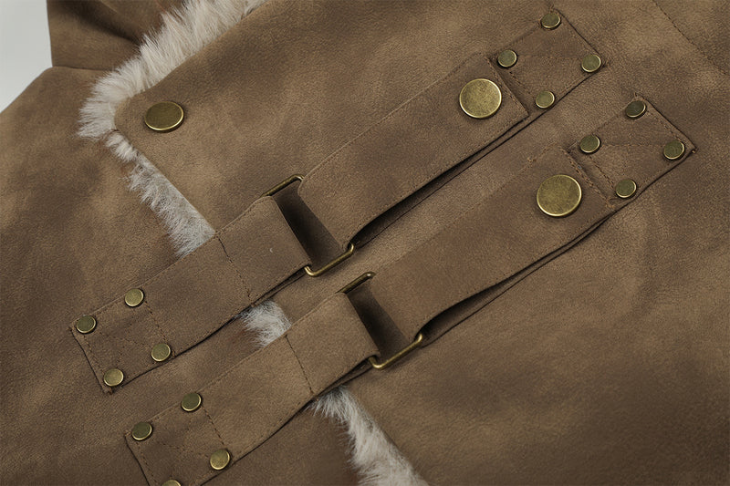 Faux Suede Shearling-Lined Moto Jacket with Buckle Straps