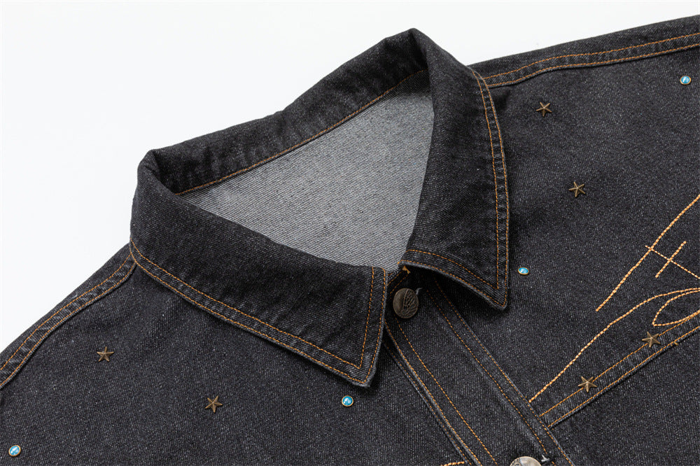 Black Denim Jacket with Embroidered Stitch Detail and Studded Accents