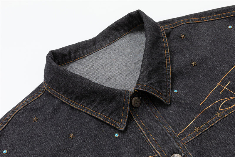 Black Denim Jacket with Embroidered Stitch Detail and Studded Accents