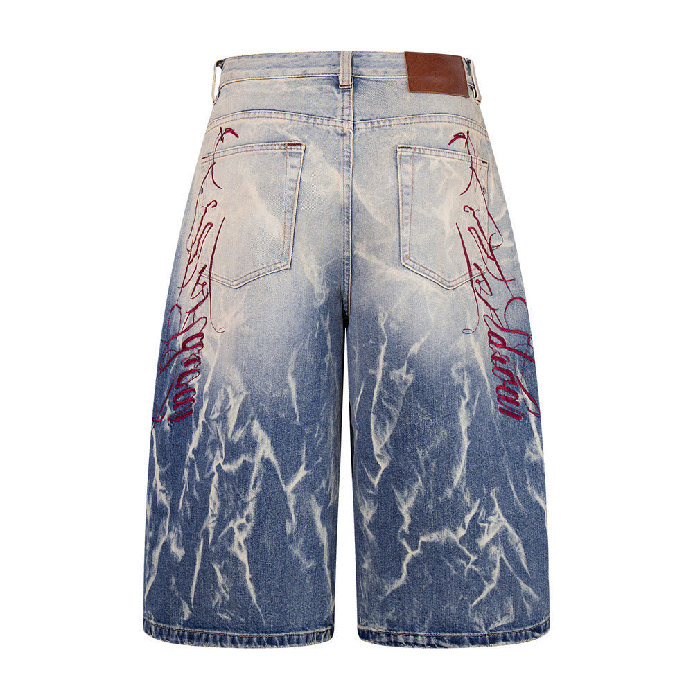 Tie-Dye Washed Denim Shorts – Wide-Leg Embroidered Vintage Punk Style