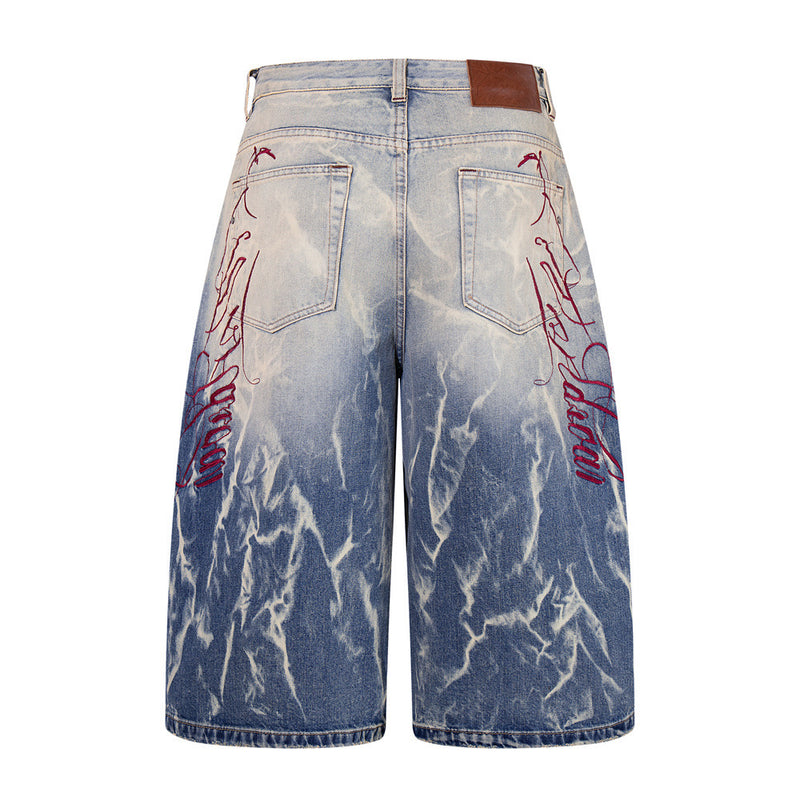 Tie-Dye Washed Denim Shorts – Wide-Leg Embroidered Vintage Punk Style